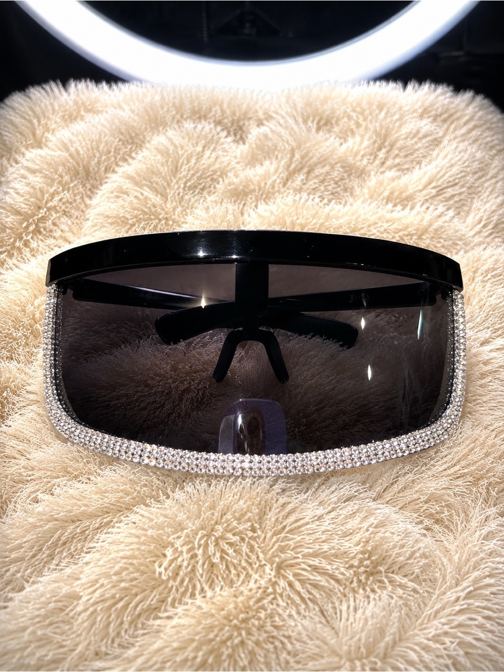 Rhinestone Trim Oversized Shield Sunglasses - Black